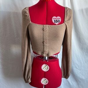 XS151 SHEIN Ribbed Crop Blouse in Cream Tan